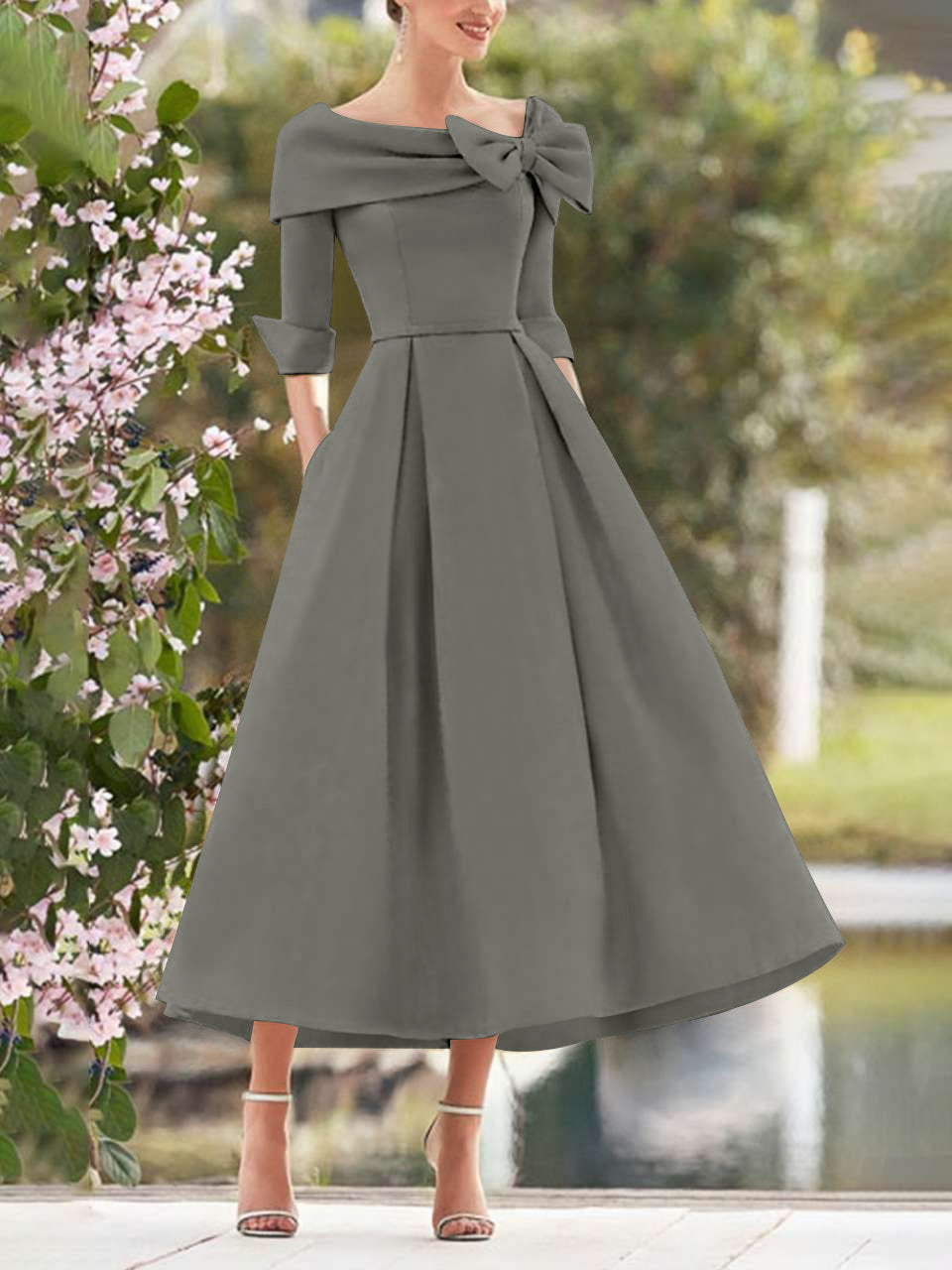 Silver Elegant Tea Length Mothers of the Bride Dress 3/4 Sleeves A-Line Wedding Guest Dresses with Bows