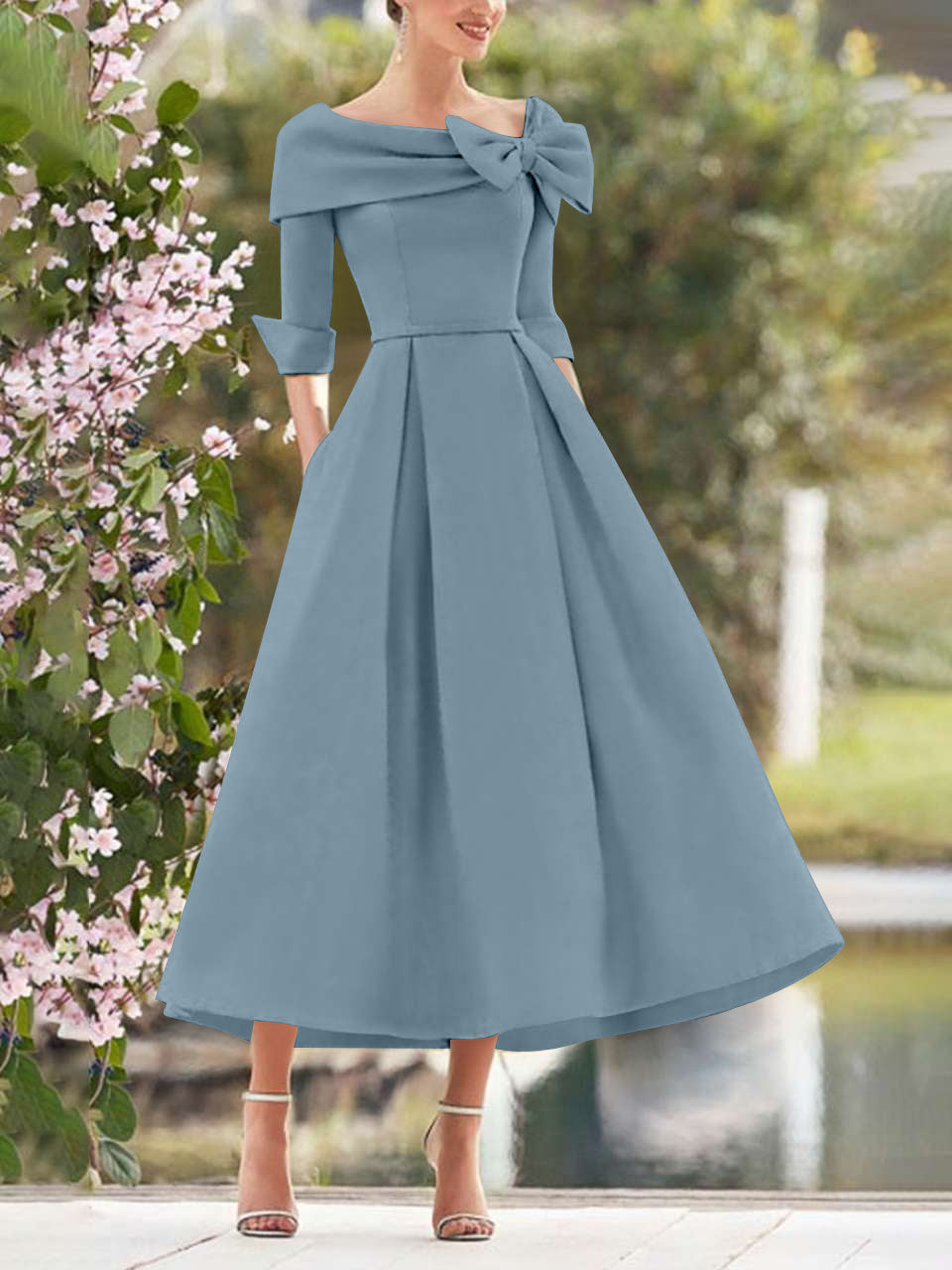 Steel Elegant Tea Length Mothers of the Bride Dress 3/4 Sleeves A-Line Wedding Guest Dresses with Bows