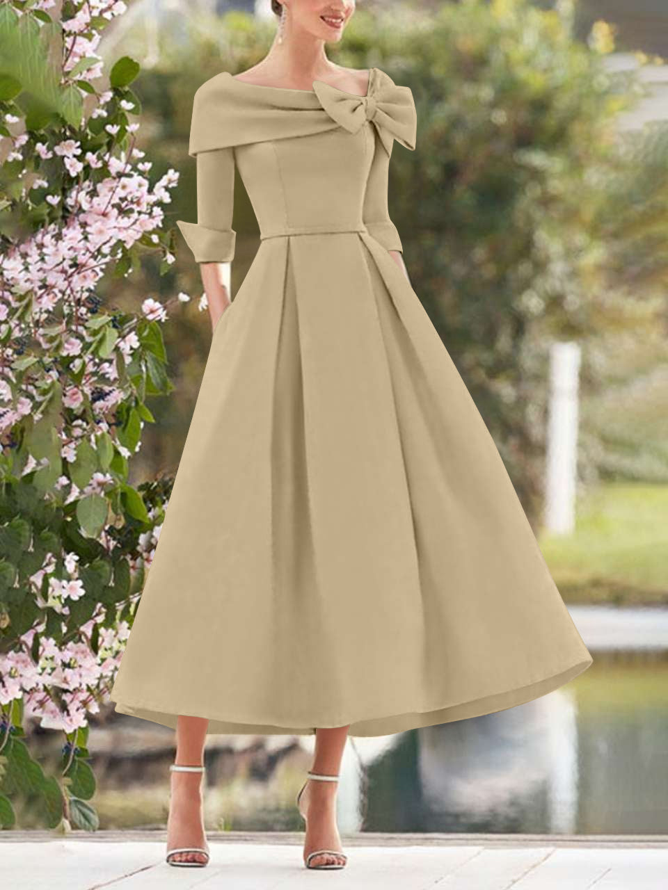 Taupe Elegant Tea Length Mothers of the Bride Dress 3/4 Sleeves A-Line Wedding Guest Dresses with Bows