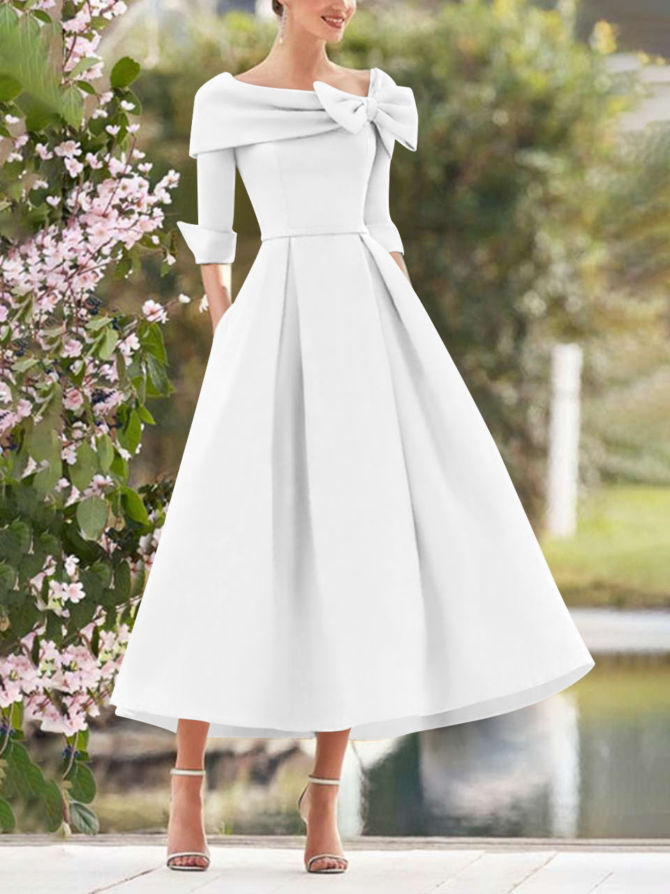 White Elegant Tea Length Mothers of the Bride Dress 3/4 Sleeves A-Line Wedding Guest Dresses with Bows