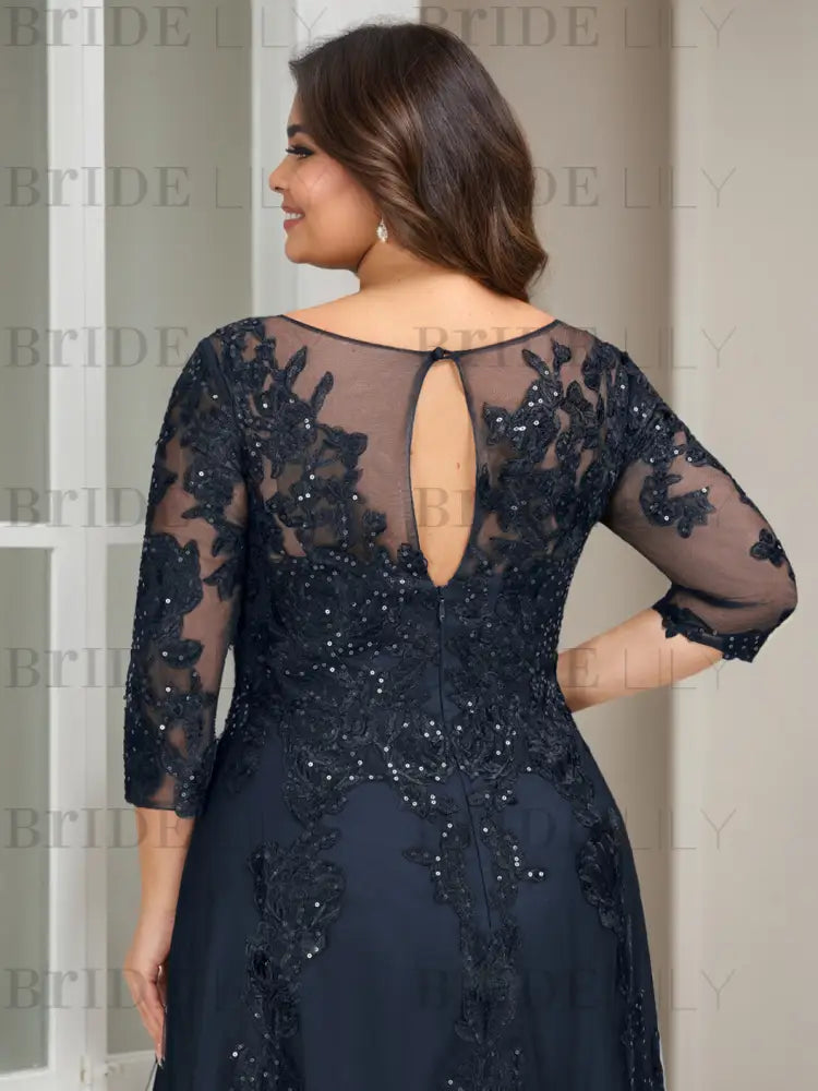 Plus Size Floor-Length Mother of the Bride A-Line Dress with 3/4 Sleeves and Sequins
