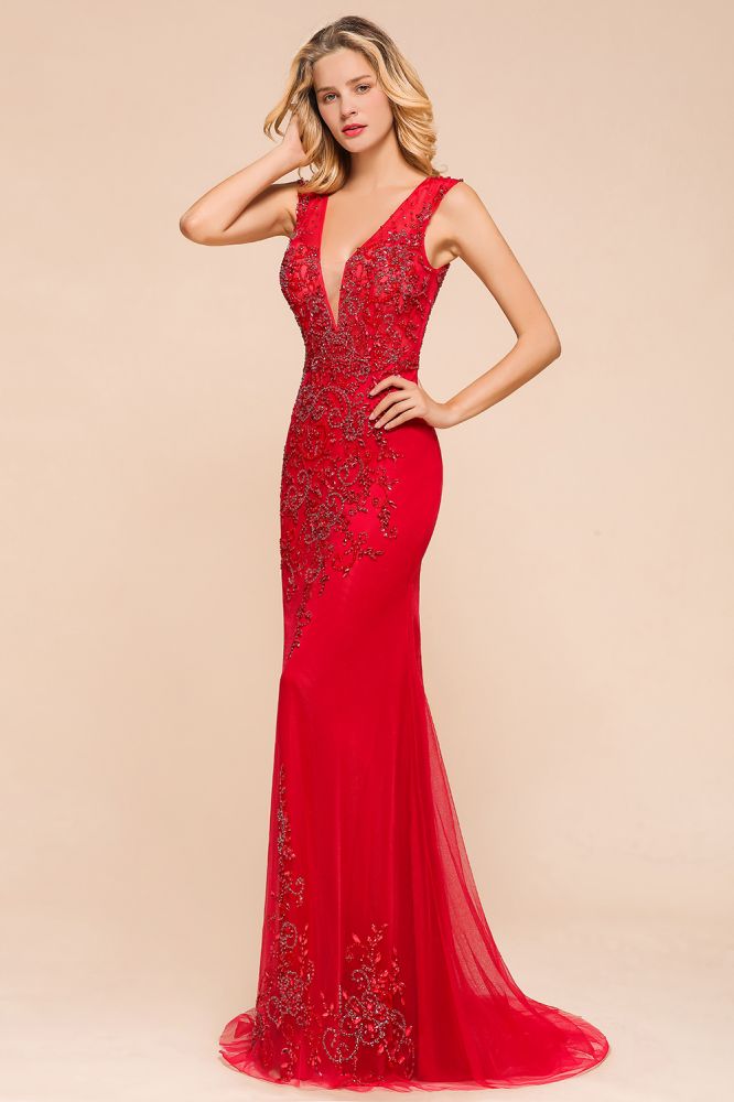 Sexy Open Back Plunging V-neck Sleeveless Ruby Red A-line Prom Dress with Beaded Belt