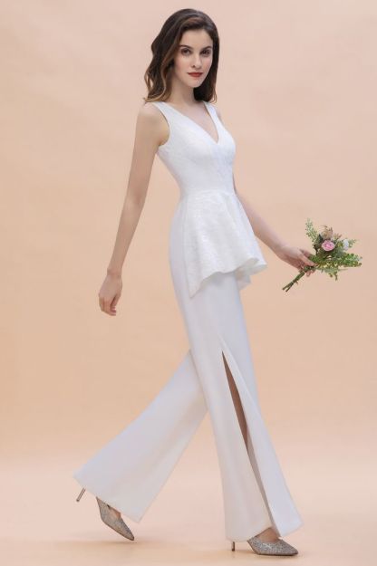 White V-Neck Jumpsuit Wedding with Side Slit