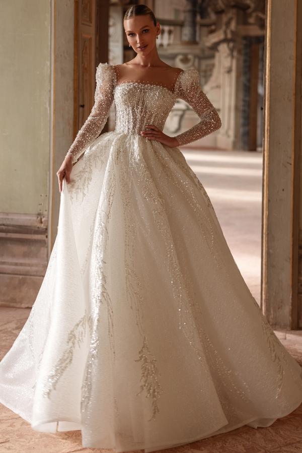 Long sleeve glitter sequin A-line wedding dress with a square neckline
