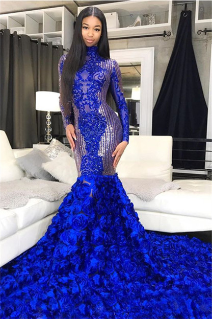 Sparkle Sequins Blue Flowers Fit and Flare Prom Dresses | Appliques High Neck Long Sleeve Evening Gowns-Babyonlinewholesale