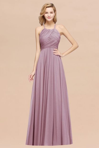 A-Line Chiffon Halter Ruffles Floor-Length Bridesmaid Dress