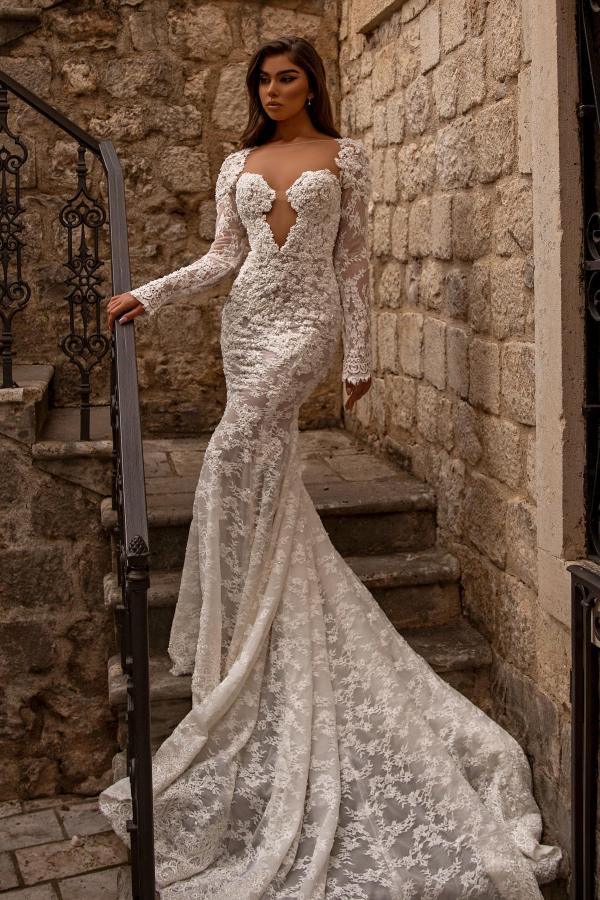 Gorgeous Square Long Sleeves Floor Length Mermaid Wedding Dress