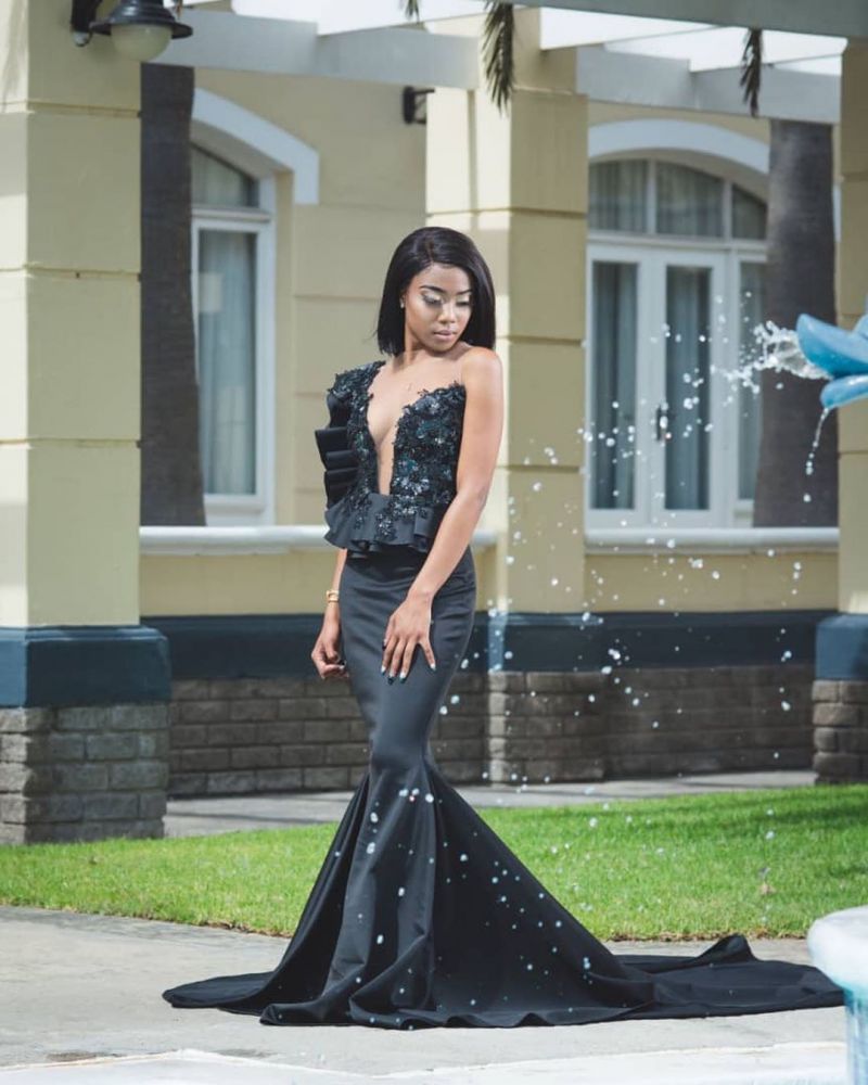 Stylish Mermaid Deep V Neck Sleeveless Ruffles Appliques Prom Dresses | Sexy Long Evening Dresses With Chapel Train-Babyonlinewholesale