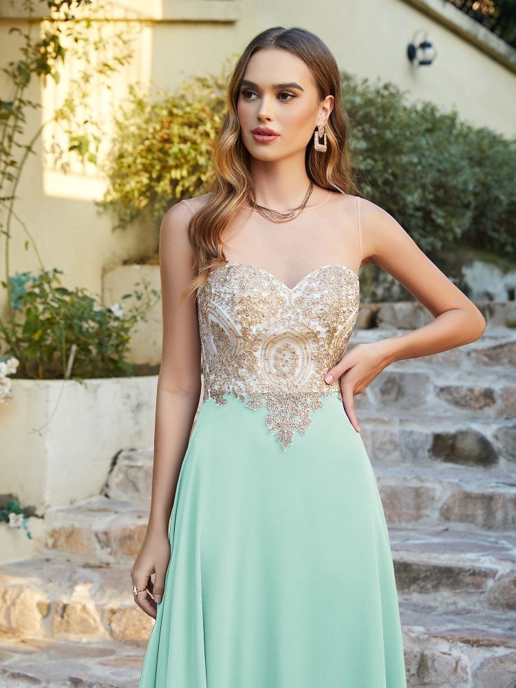 Sleeveless Lace Appliques Long Prom Dresses Chiffon Evening Party Gown