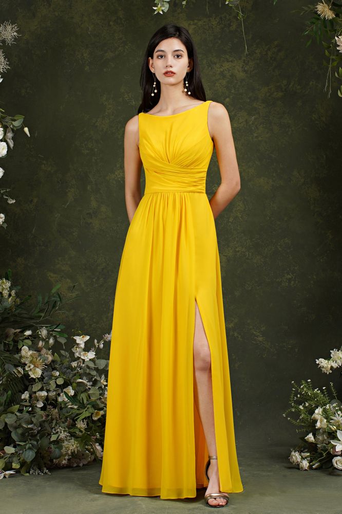 Bateau Ruffles Chiffon Floor-length A-Line Split Bridesmaid Dress With Pockets