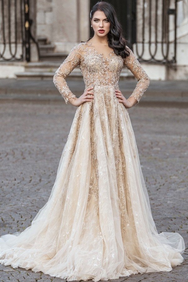 Chic Long Sleeves V-Neck A-line Wedding Dress Floral Lace Pattern