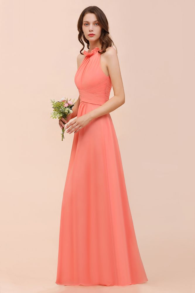 Sexy Coral Wrinkles Chiffon Long bridesmaid Dress Sleeveless Aline Wedding Guest Dress