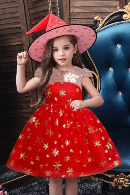Cap sleeves v-neck sparkle stars red princess flower girl dress