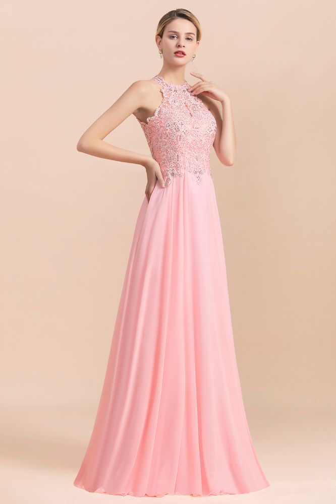 Modest Pink Pears Beaded A-line Halter Bridesmaid Dresses