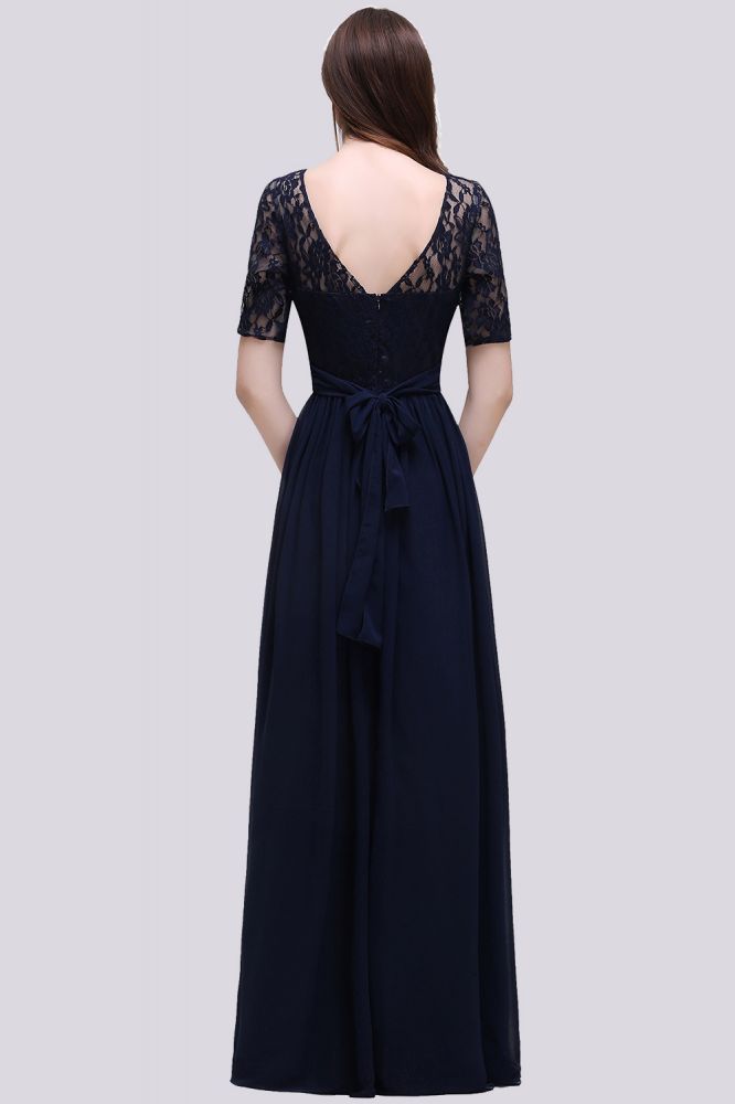 Custom Made A-line Chiffon Lace Scoop Half-Sleeve Floor-Length Bridesmaid Dress with Round back