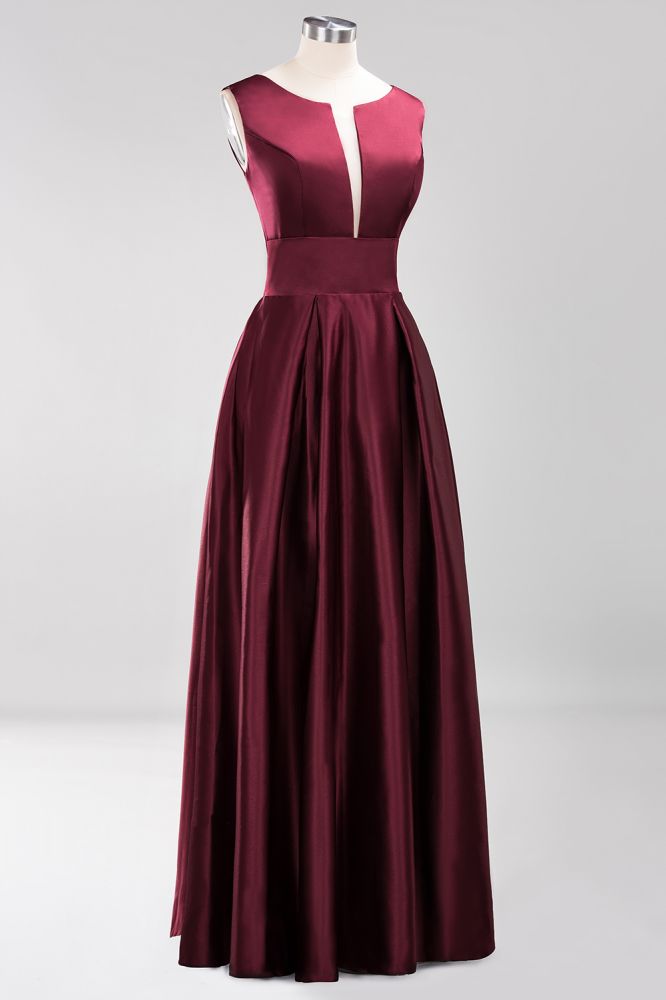 A-line Satin Deep-V-Neck Sleeveless Ruffles Floor-length Bridesmaid Dress