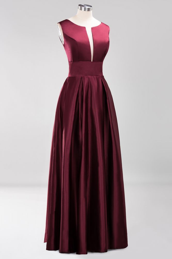 A-line Satin Deep-V-Neck Sleeveless Ruffles Floor-length Bridesmaid Dress