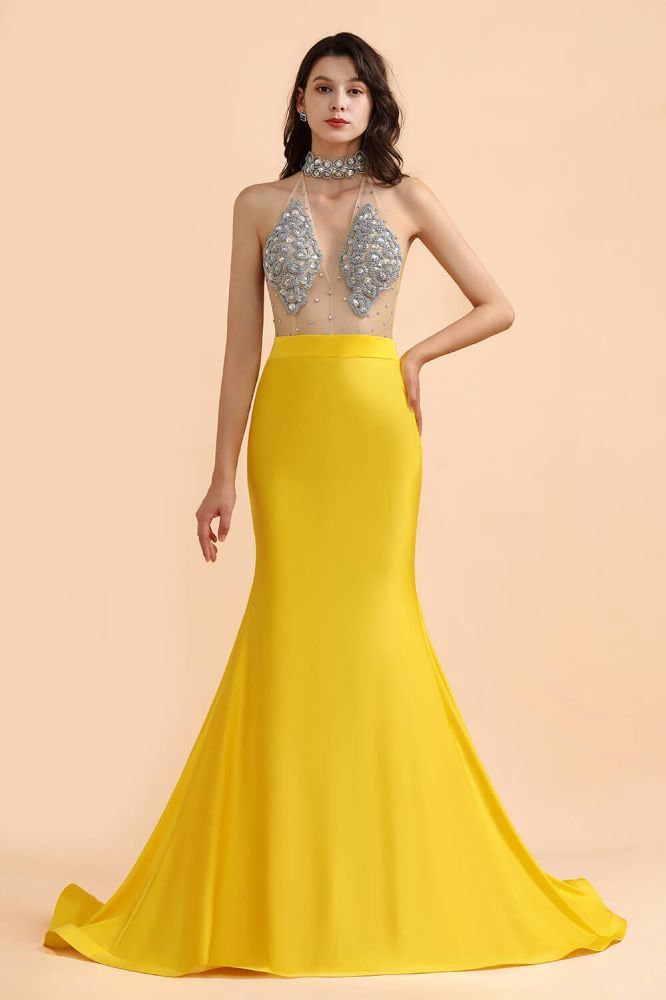 Sexy Yellow Sleeveless Crystals Sheer Tulle Prom Dresses 2021 | Mermaid Formal Evening Gowns