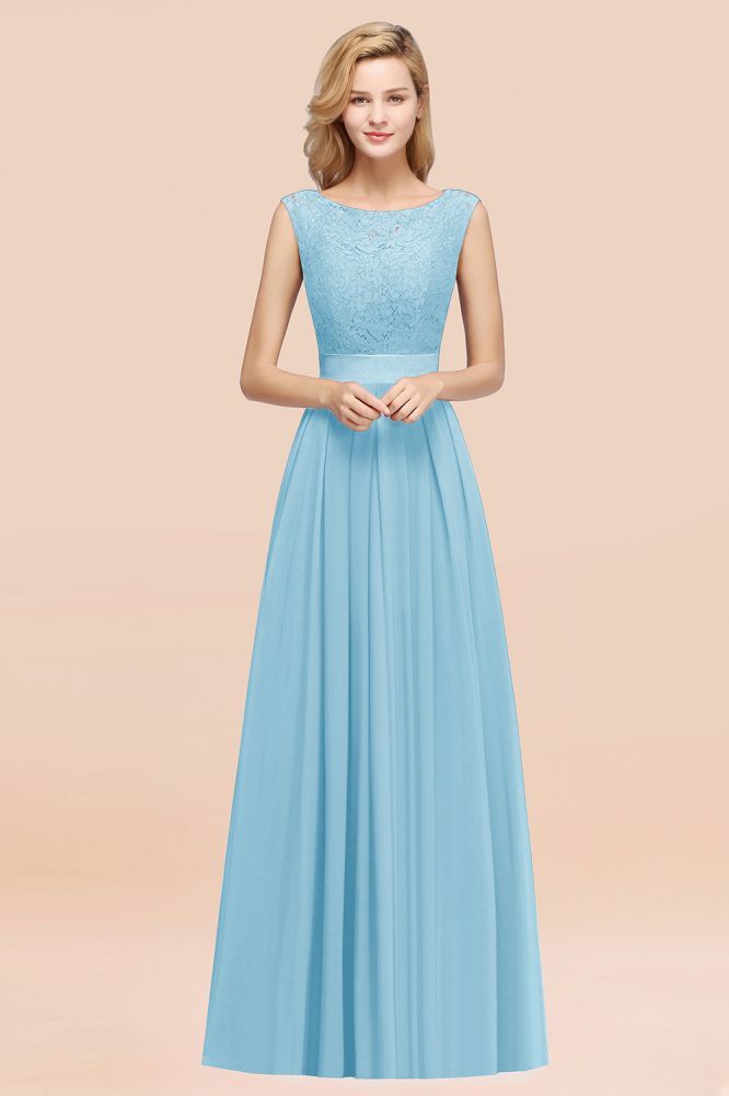 A-line Chiffon Lace Jewel Sleeveless Ruffles Floor-length Bridesmaid Dress