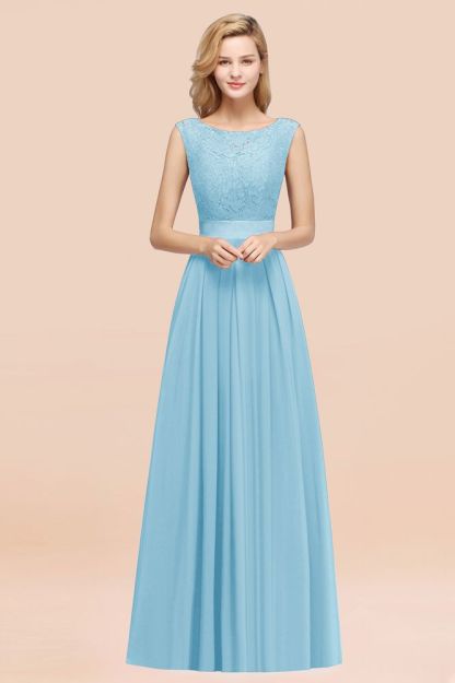 A-line Chiffon Lace Jewel Sleeveless Ruffles Floor-length Bridesmaid Dress