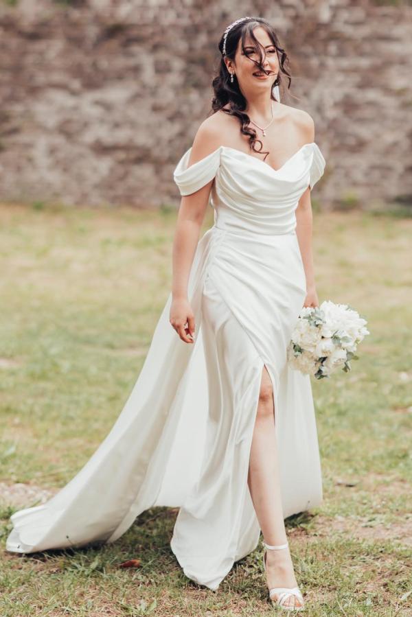 White Off-the-shoulder high split court train wedding dress