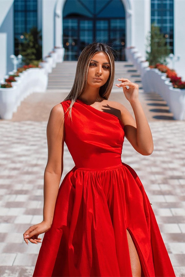 Gorgeous Red Asymmetrical One Shoulder A-Line Floor Length Stretch Satin Prom Dress with Ruffles