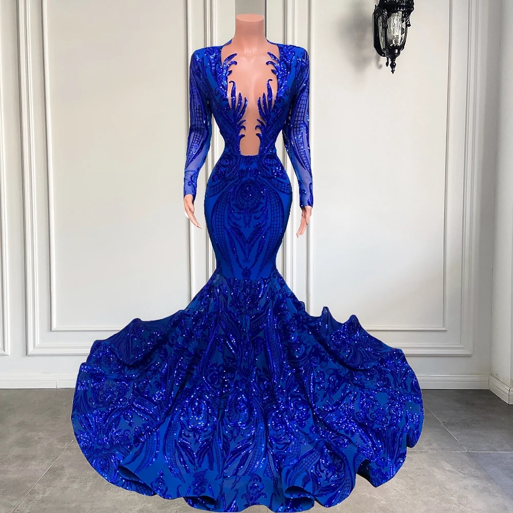 Royal blue long sleeves sequin floor length sparkle prom dress