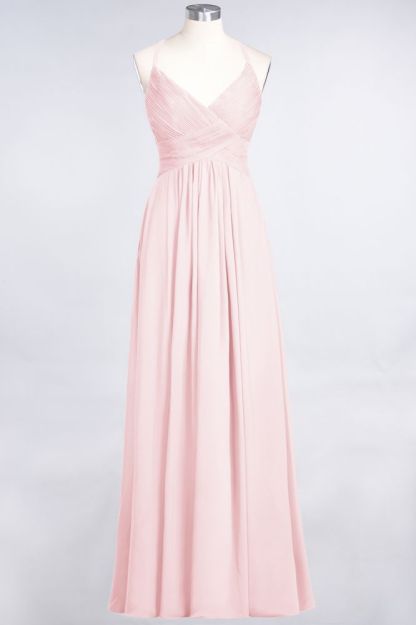 Chiffon A-Line Spaghetti-Straps V-Neck Sleeveless Long Bridesmaid Dress with Ruffles