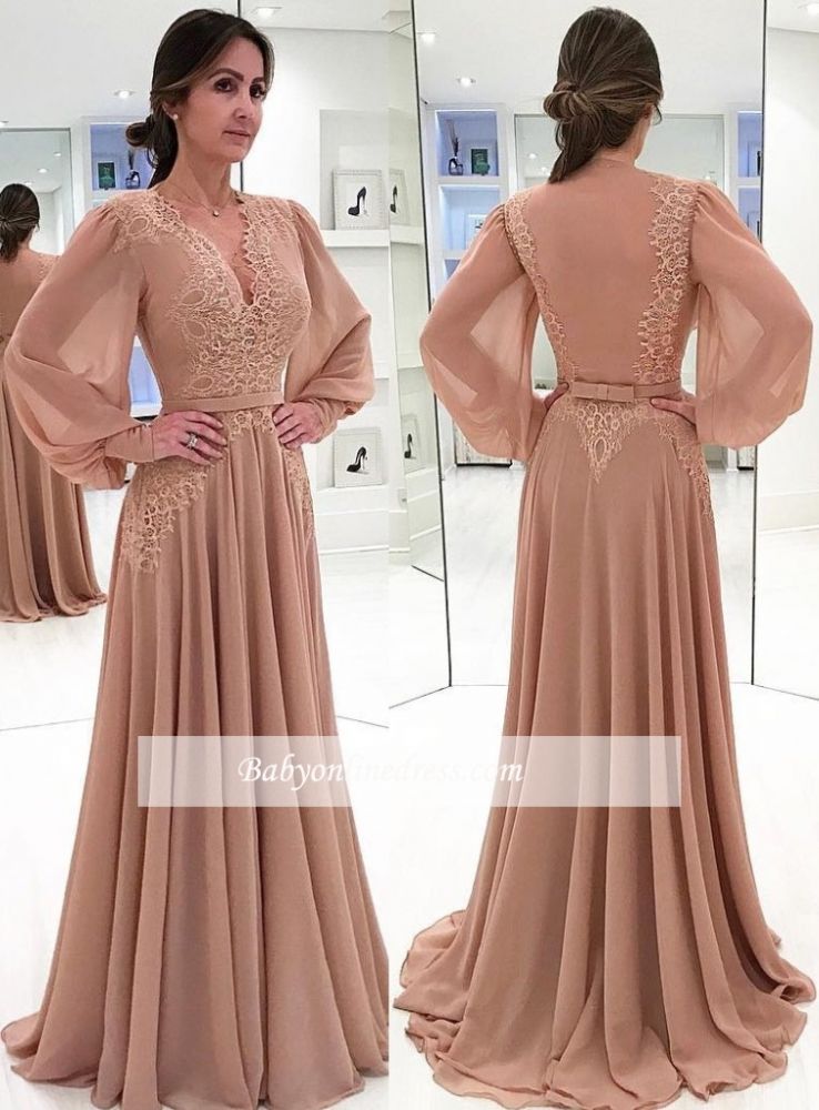 Elegant Champagne Puffy Sleeves Mother of the bride Dress | V-Neck Chiffon A-line Evening Gowns