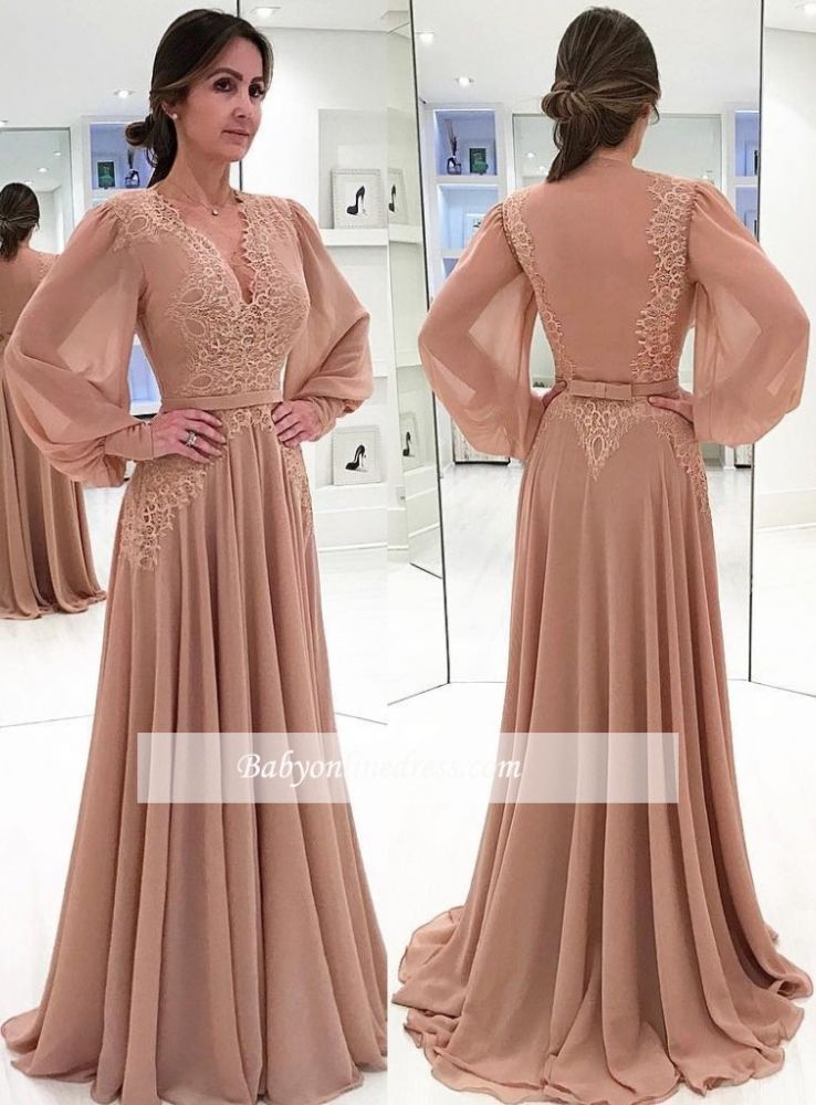 Elegant Champagne Puffy Sleeves Mother of the bride Dress | V-Neck Chiffon A-line Evening Gowns