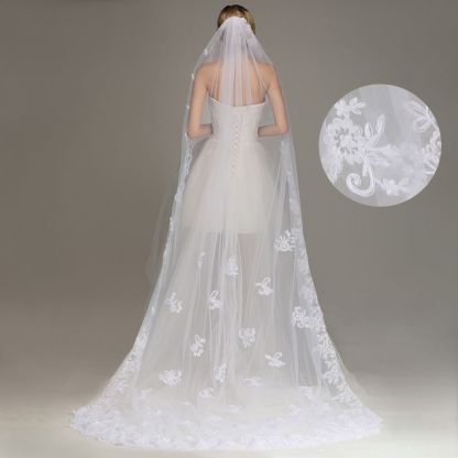 One Layer Wedding Veil with Comb Lace Edge Appliqued Bridal Veil