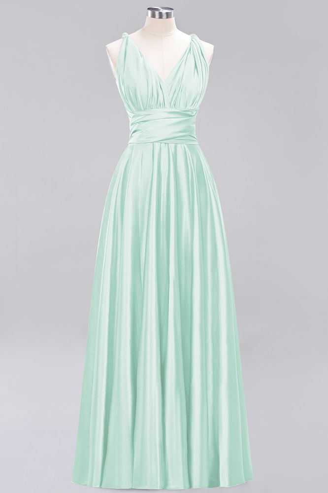 Simple A-Line V-Neck Sleeveless Floor Length Convertible Bridesmaid Dress with Ruffles