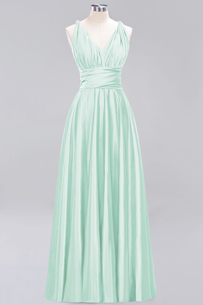 Simple A-Line V-Neck Sleeveless Floor Length Convertible Bridesmaid Dress with Ruffles