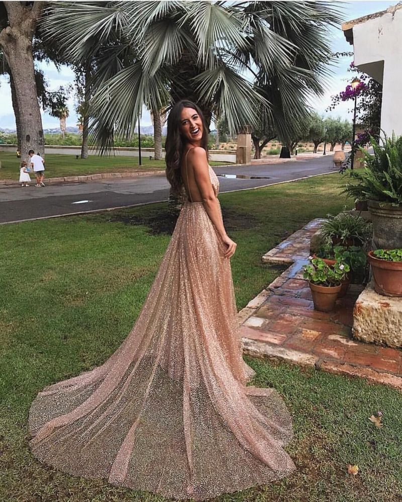 Glamorous Sequins A-Line Long Prom Gowns | 2021 Spaghetti Straps V-Neck Evening Dress