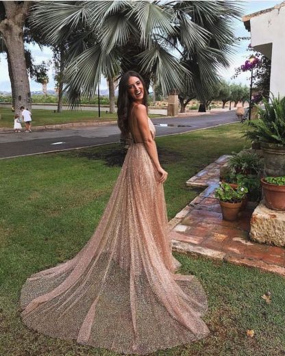 Glamorous Sequins A-Line Long Prom Gowns | 2021 Spaghetti Straps V-Neck Evening Dress