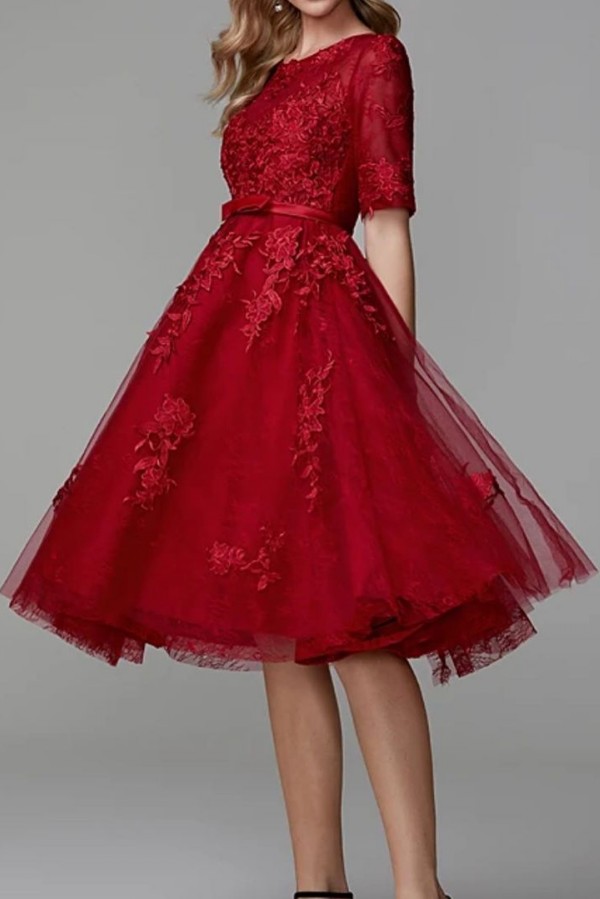 Burgundy Half Sleeves Burgundy Tulle Lace Formal Dress Short Daily Wear Dress