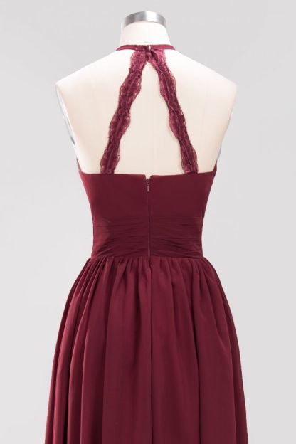 A-line Chiffon Appliques Halter Sleeveless Floor-Length Bridesmaid Dresses with Ruffles