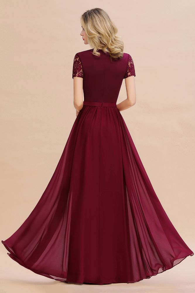 Abraham | Burgundy Short Sleeve Lace Simple Chiffon Formal Dress, Pink, Dark Green