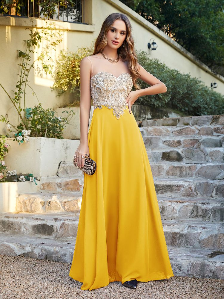 Sleeveless Lace Appliques Long Prom Dresses Chiffon Evening Party Gown