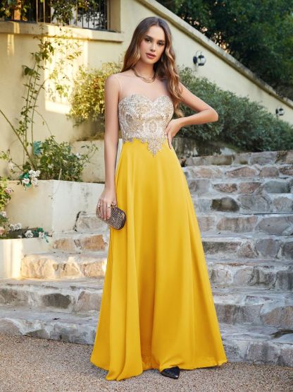 Sleeveless Lace Appliques Long Prom Dresses Chiffon Evening Party Gown