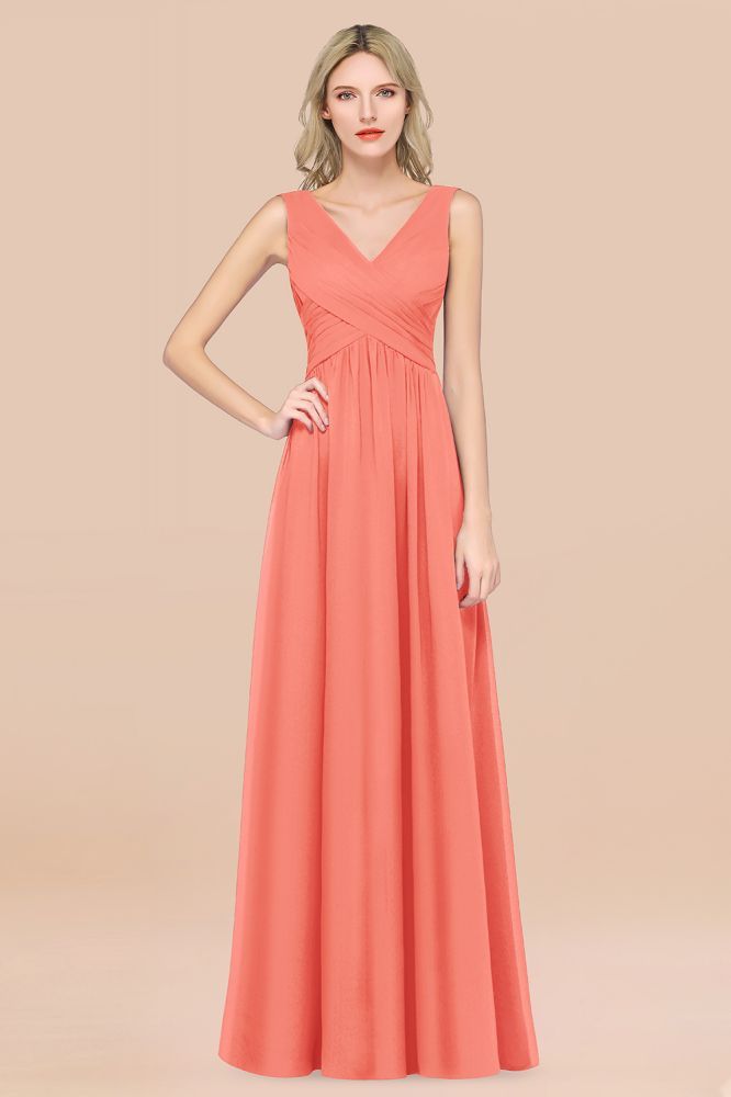 Chiffon A-Line Straps V-Neck Sleeveless Long Bridesmaid Dress with Ruffles