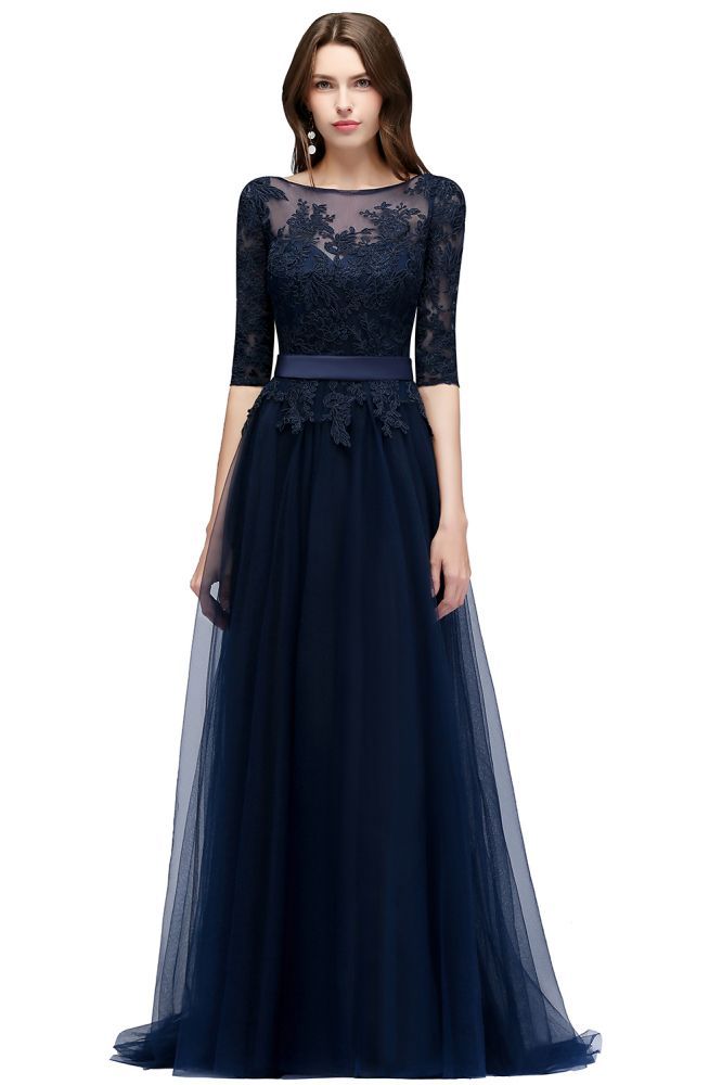 NANA | A-line Half Sleeves Floor Length Slit Appliqued Tulle Prom Dresses with Sash