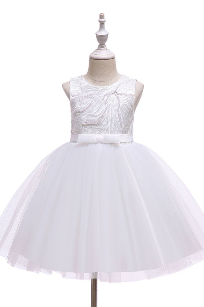 Dusty pink sleeveless knee length belt flower girl dress