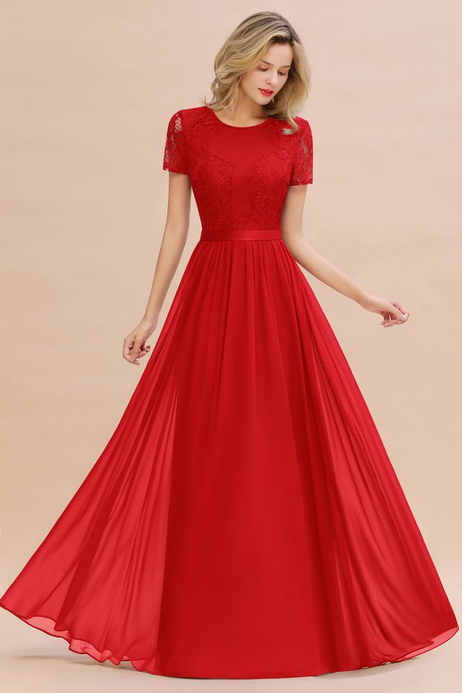 Retro Chiffon Lace Scoop Short-Sleeves Online Bridesmaid Dress