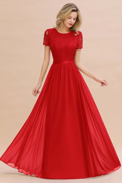 Retro Chiffon Lace Scoop Short-Sleeves Online Bridesmaid Dress