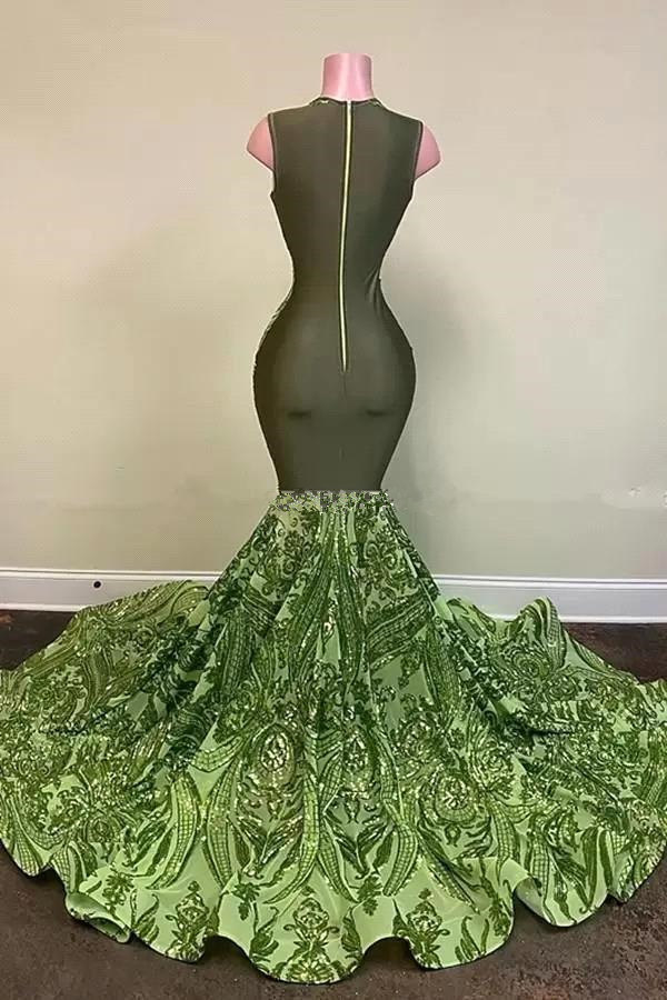 Green v-neck mermaid sequin prom dress with court train