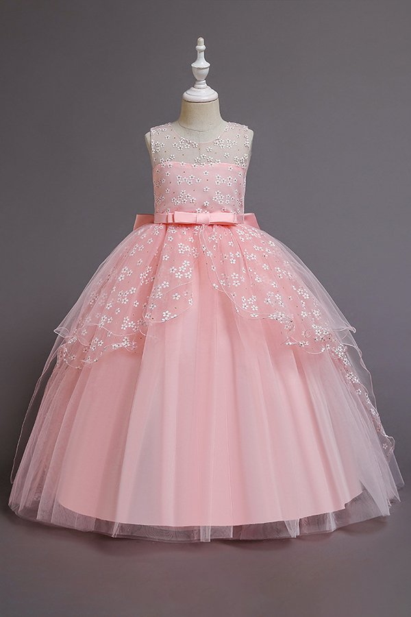 Illusion neck burgundy a-line ankle length flower girl dress