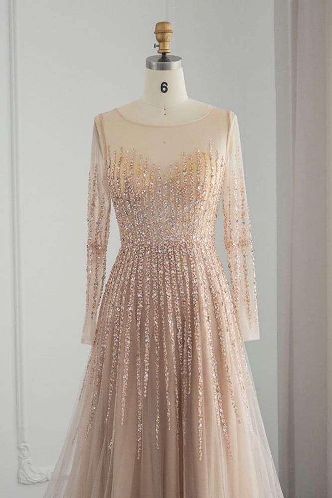 Amazing Jewel Sequins Long Sleeves Evening Dress Tulle Aline Formal Dresses