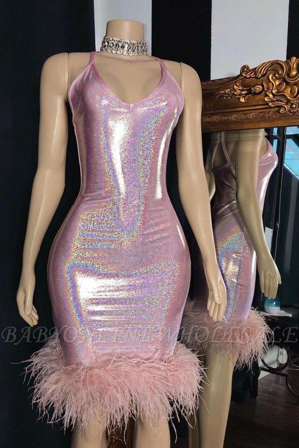 Pink Sparkle column sleeveless feather homecoming dress