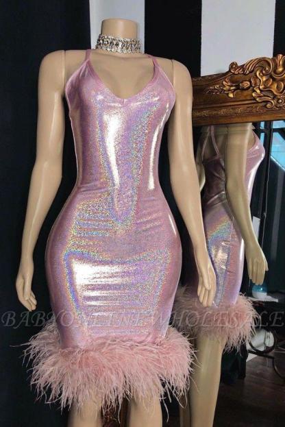 Pink Sparkle column sleeveless feather homecoming dress